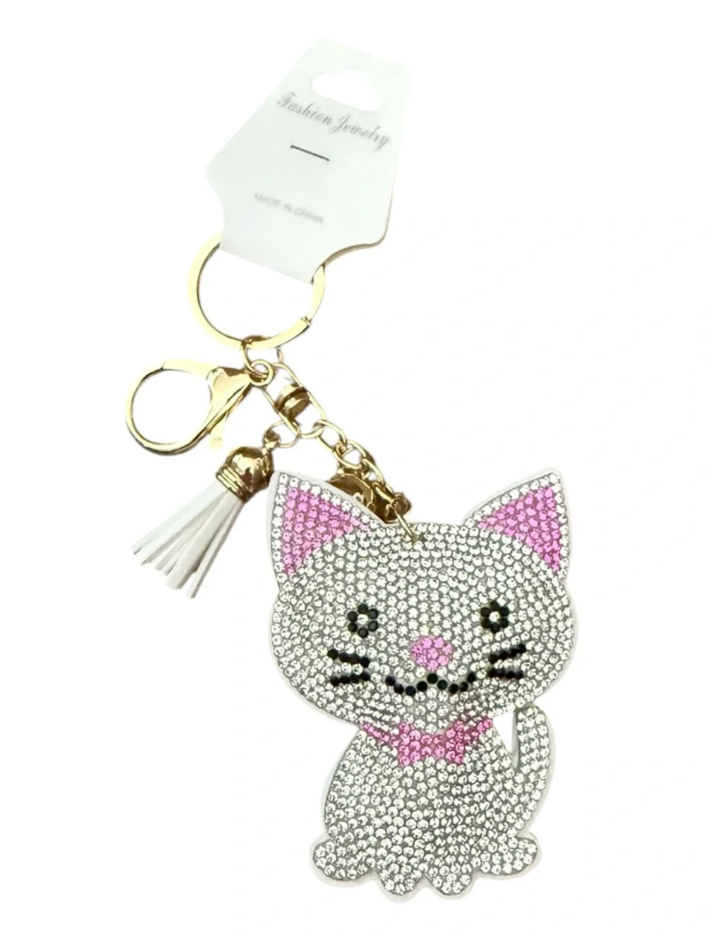Fashion Jewelry Pink & Silver Crystal Cat Keychain with White Tassel